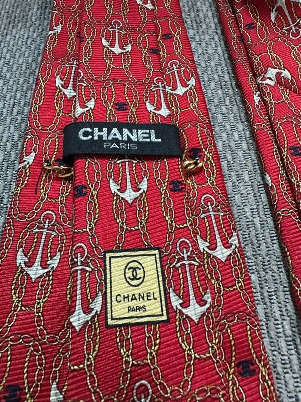 CHANEL Red Anchor Silk Patterned Scarf Tie